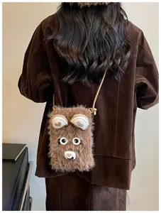 Niedliche Plüsch-Handytasche mit Bärenohren kuschelige Umhängetasche für Damen mode braun