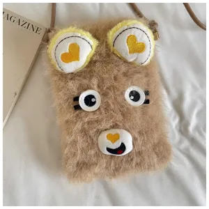 Niedliche Winter Plüsch Handy Tasche mit niedlichen Bärenohren und Stickerei für Damen.