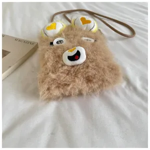 Niedliche Plüsch Bär Handytasche mit Cartoon Ohren, warme Umhängetasche für Damen Winter.