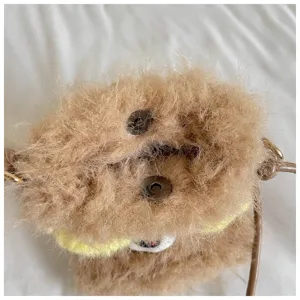 Süße Plüsch Braun Bär Umhängetasche Handy, weich flauschig Winter Accessoire mit Druckknopf.