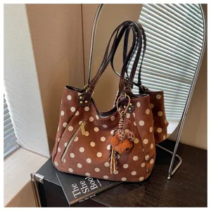 Braune Wildleder Punkte Shopper Tasche Damen, retro Maillard grosse Schultertasche.