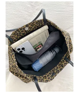 Leopard print canvas tote bag large capacity shoulder bag commuter casual handbag