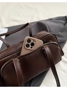 Brown retro PU leather shoulder bag casual underarm handbag for women daily commuting tote