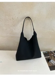 Borsa tote intrecciata nera da donna, elegante borsa a spalla capiente per lavoro.