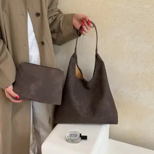 Borsa tote intrecciata in pelle marrone da donna Grande capacità Borsa a spalla casual