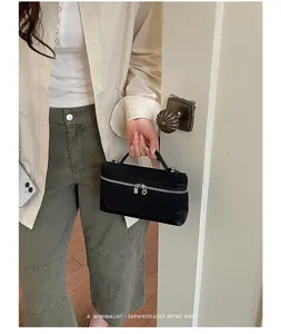 Minimalist retro suede lunchbox handbag, elegant stylish black shoulder crossbody bag.