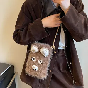Winter niedliche braune Plueschbaer Handye Tasche Mode Umhaengetasche fuer Damen warmer Look