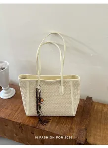 Minimalist woven tote bag for women, large capacity stylish shoulder bag for autumn winter.