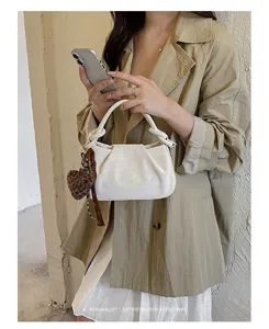Women pleated cloud handbag with leopard heart charm chic retro style shoulder bag for autumn