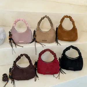 Sac à Main Épaule Vintage en Suède et Cuir PU pour Femmes Minimaliste Urbain Poignée Plissée Sac Bandoulière Hobo Avec Gland
