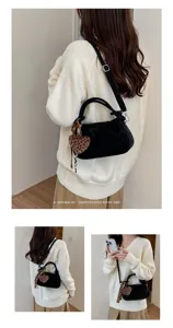 Vintage leopard velvet cloud handbag with heart pendant for women, stylish crossbody bag.