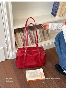 Sac à épaule rétro en cuir PU rouge, grand sac cabas décontracté pour le travail quotidien.