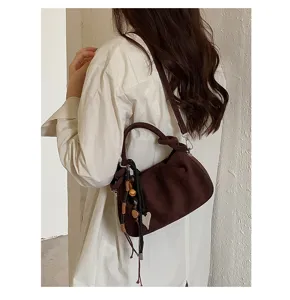 Korean style pleated shoulder bag for women, trendy brown suede texture cross body handbag detail