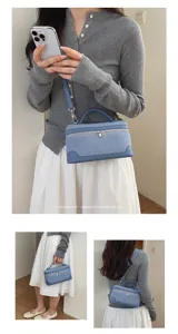 Retro blue suede vanity shoulder bag for women, stylish minimalist crossbody lunch box bag.