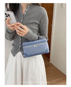 Minimalist retro vanity bag, solid blue suede texture lunchbox shoulder bag for women.