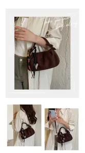 Korean style brown suede pleated shoulder bag with knot handle and chic charm details.