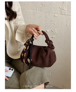 Korean style pleated handbag for women, retro suede texture shoulder bag with cute charms.