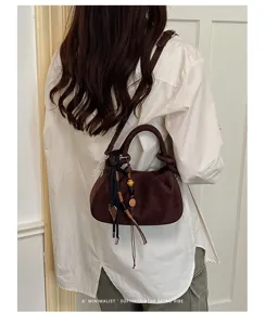 Korean style pleated shoulder bag for women, retro brown suede casual crossbody bag.