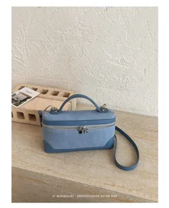 Retro blue velvet vanity bag, stylish suede handbag, chic casual crossbody bag for daily use.