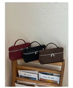 Retro suede lunch box handbag, vintage autumn winter chic tote bag, casual shoulder crossbody bag for women.