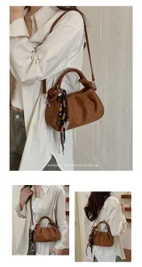 Korean style retro pleated shoulder bag brown matte crossbody bag chic casual daily women bag