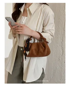 Korean style brown suede pleated handbag for women, retro casual shoulder and crossbody bag.