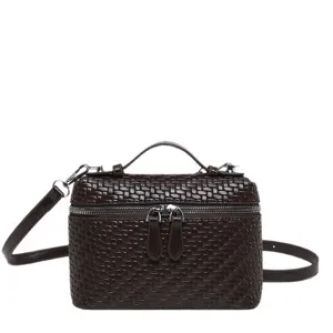 Retro woven vanity handbag for women, chic Maillard brown top handle crossbody square bag.