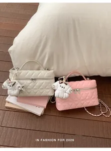 Sac vanity matelassé à chaîne avec pendentif chiot mignon, sac bandoulière élégant pour femmes.