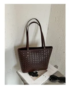 Geweven tote tas voor vrouwen grote capaciteit schoudertas bruin retro minimalistisch