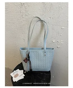 Minimalistische geweven leren shopper voor dames, grote schoudertas voor dagelijks woon-werkverkeer.