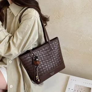 Bruine geweven lederen shopper voor dames, grote schoudertas voor dagelijks werk en kantoor.