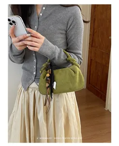 Korean style pleated hobo handbag for women, autumn winter frosted texture green shoulder bag.