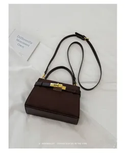 Dark brown matte structured crossbody bag with top handle and gold clasp for women.