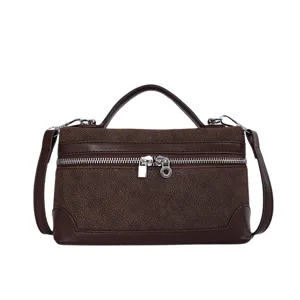 Retro brown suede structured crossbody bag top handle vanity purse for women casual daily use.