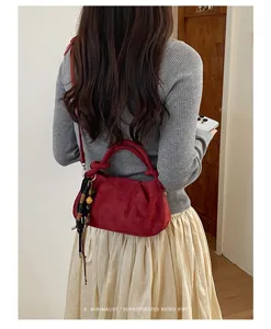 Korean retro minimalist suede shoulder bag for women, stylish casual crossbody handbag daily use.
