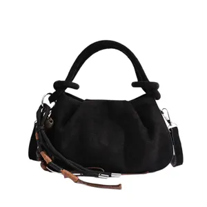 Sac à main en suédine noire pour femme, élégant sac porté épaule plissé avec perles bois.