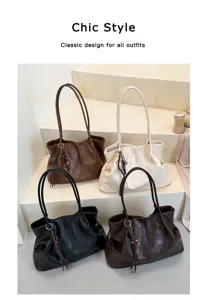 Grand sac cabas souple rétro en cuir, élégant sac porté épaule pour le quotidien automnal.