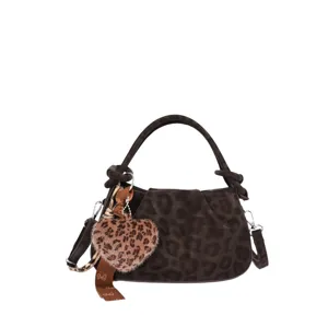Retro dark leopard print pleated handbag, stylish cloud crossbody bag with heart charm.