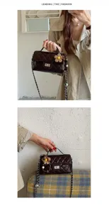 Women's quilted chain crossbody bag stylish dark brown shoulder handbag with chic flower charm.