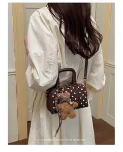 Women stylish polka dot boston bag chic retro shoulder handbag with cute bear charm for daily wear