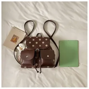 Korean style brown polka dot backpack casual daily commute lightweight cute school bag for women