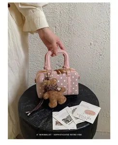 Pink polka dot Boston bag women trendy handbag retro style shoulder crossbody bag with bear charm