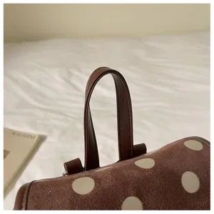 Korean style polka dot backpack for women, brown suede daily commute casual chic bookbag