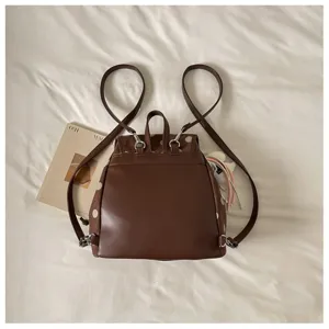 Korean style vintage brown polka dot backpack casual leather contrast school bag for women