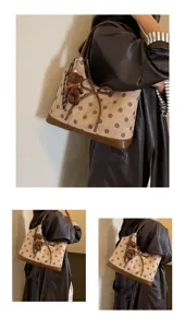 Korean style polka dot shoulder bag for women, large capacity commuter handbag with cute bear.