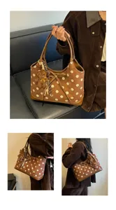 Korean style brown polka dot shoulder underarm bag with cute bear pendant and bow detail.