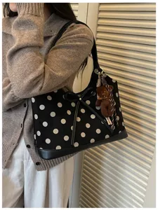 Korean style polka dot shoulder underarm bag for women, commuter large capacity handbag.