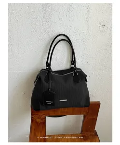 Vintage vertikal gestreifte Boston Tasche für Damen, stilvolle Schultertasche gross.
