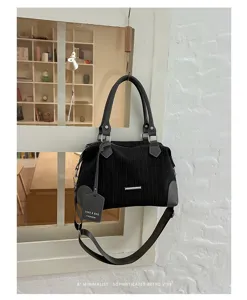 Schwarze Kord Boston Handtasche Damen Vintage Umhängetasche Schultertasche Shopper Tasche