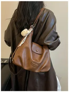 Borsa a spalla da donna marrone retrò di grande capacità, elegante borsa in pelle casual.